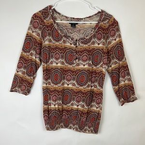 LUCKY BRAND Boho 3/4 sleeve top medallion design orange & cream metal bu…